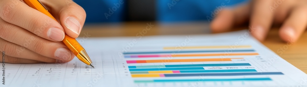 Poster a person is analyzing a colorful chart while writing notes with an orange pen on paper, indicating d