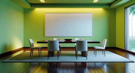 Modern open space office interior with a blank white wall, polished concrete floor, and minimalist desks with sleek, silver legs and ergonomic chairs, illuminated