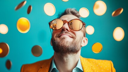 Obraz premium Man with sunglasses surrounded by floating coins
