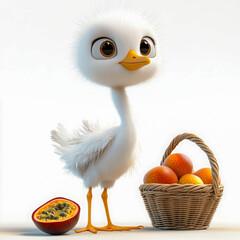 A cute and fluffy cartoon-style ostrich standing beside a basket of oranges and a halved passion fruit, set against a clean white background