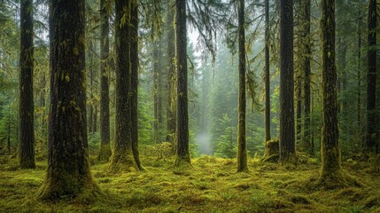 Fototapeta premium Misty Forest Landscape with Tall Trees and Lush Green Moss