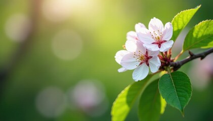Delicate cherry blossoms on lush green leaves, verdant, floral, spring