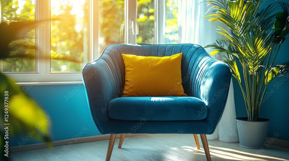 Poster bright sunlight streams through the window, illuminating a comfortable blue couch adorned with a vib