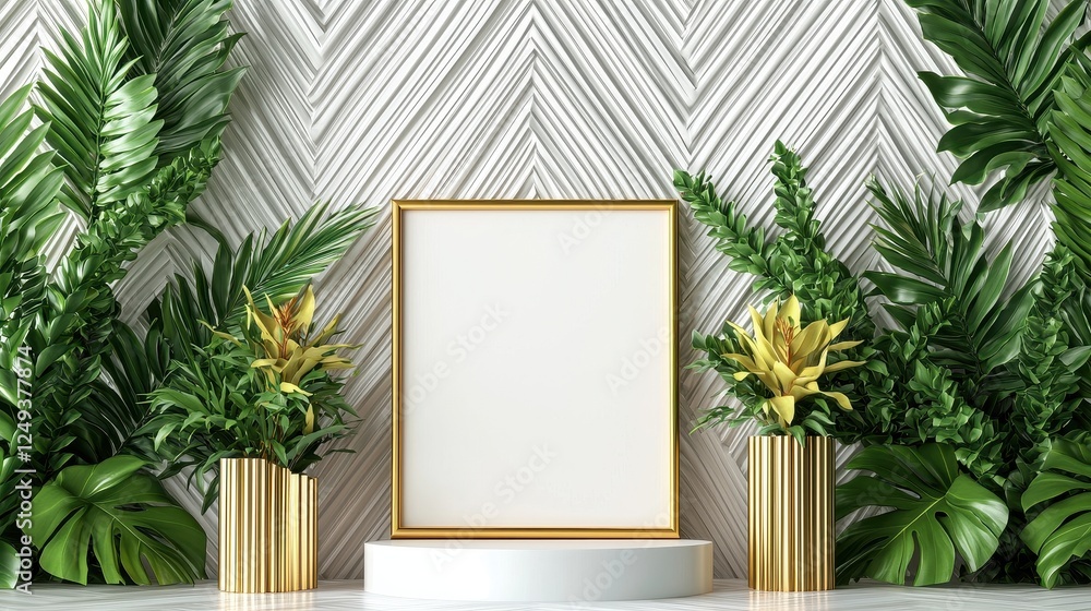 Poster a modern display featuring a blank frame surrounded by lush greenery, set against a textured wall, c