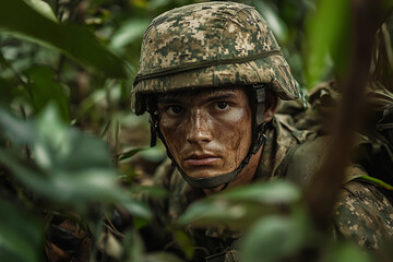 Fototapeta premium Generative AI illustration of man soldier surrounded by green tropical foliage