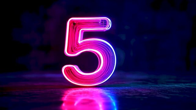 Bright neon number five glowing in darkness