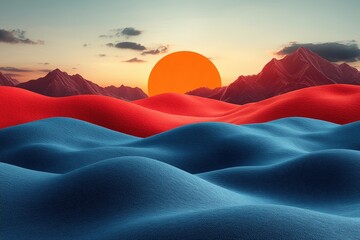 Vibrant hills under sunset sky with bold red and blue tones in mountain landscape