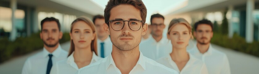 Obraz premium A group of six professionals in white shirts stands confidently, focusing on the camera, with a modern architectural backdrop.