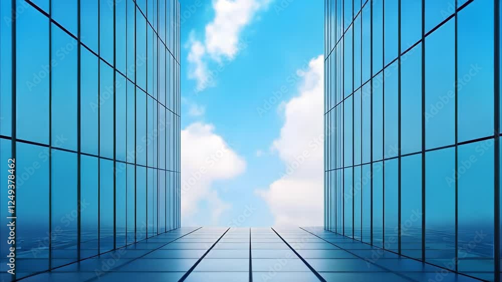 Poster a perspective view of a modern glass building reflecting the sky, creating a symmetrical and open am