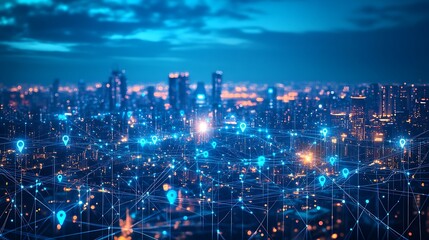 Obraz premium Futuristic City Skyline with Digital Network