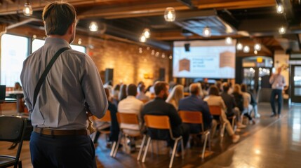 Fototapeta premium Investment pitch event with venture capitalists evaluating startup ideas, interacting with entrepreneurs, and making investment decisions. Emphasizing venture funding.