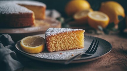 Close Up Lemon Cake Slice On Plate With Lemon And Fork