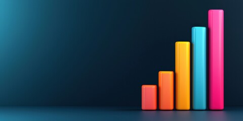 A colorful bar graph shows steady growth with five bars, each increasing in height, set against a dark background.