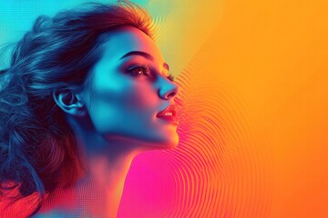 Vibrant graphic layout featuring a woman's profile against a colorful background