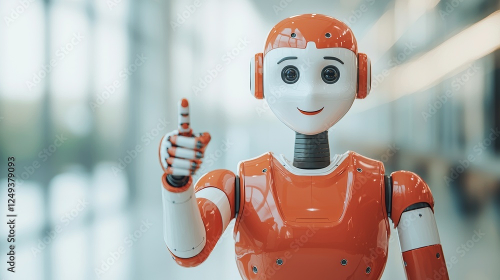 Poster a friendly-looking robot with an orange design is giving a thumbs-up gesture, suggesting positivity 