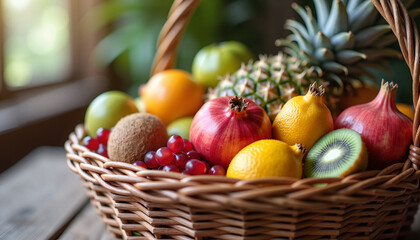 Assorted fresh fruits in a wicker basket on a wooden table