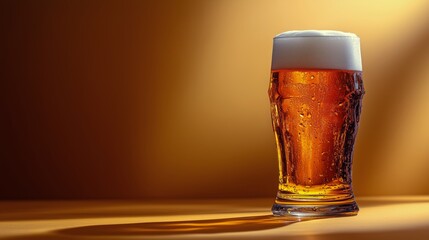 Refreshing amber beer served in a chilled glass with frothy head and warm background lighting