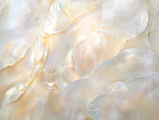 Mother of Pearl Texture: Close-up view of a mother-of-pearl surface, showcasing its iridescent and swirling patterns, with varying shades of creamy white and soft beige.