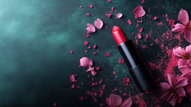Luxury lipstick with pink petals on vibrant background