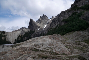 Alpine landscape in summer. View of the rocky mountain peak in Cerro Lopez, Bariloche, Argentina