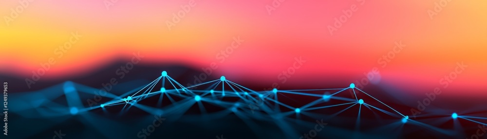 Poster a digital landscape featuring interconnected lines and nodes against a vibrant gradient background, 