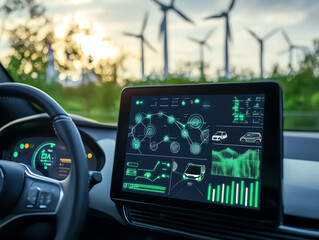 Futuristic car dashboard displaying digital data, graphs, and wind turbines in the background under a sunset sky.
