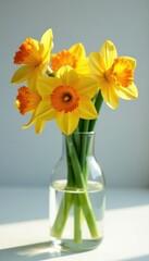 Glass container with narcissus flowers and a few leaves, leaf, water, light