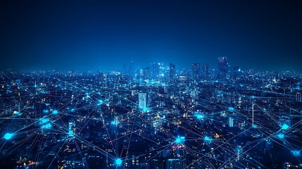 Futuristic City Skyline with Digital Network