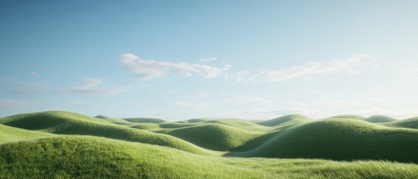 Peaceful countryside with soft rolling green hills under blue sky