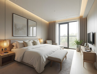 Cozy Modern Bedroom with Neutral Tones, Spacious Bed, Wooden Accents, and Abundant Natural Light from Expansive Window
