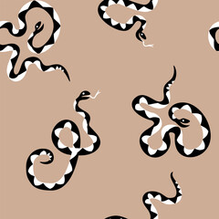 Cute vector seamless pattern with wavy snakes in cartoon style on beige background. Modern seamless pattern perfect for decor of children baby room, textile, fabric, bedding, package, wallpaper. 