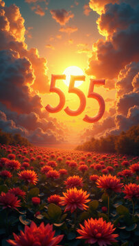 sunset over field of flowers angel number 555 in the sky mobile wallpaper