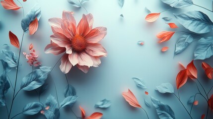 Pastel flowers and leaves on light blue background