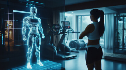 Person training in futuristic gym with AI holographic trainer giving corrections.