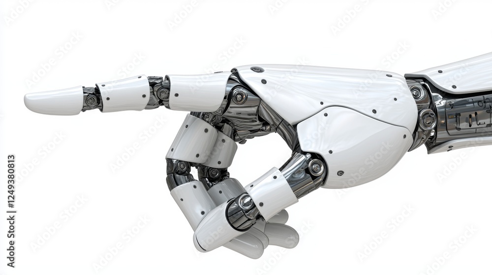 Poster a robotic hand points forward, showcasing advanced design and mechanical articulation.