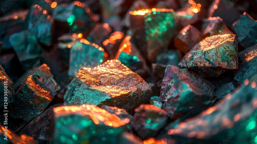 Poster luminous and colorful rocks are scattered across the ground, reflecting light and displaying an arra