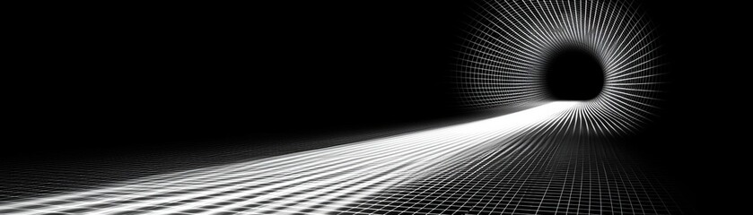 A digital tunnel with light streaming through the darkness, creating a sense of depth and mystery.