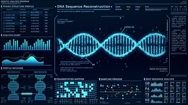 DNA Helix analysis visualization data, genome sequence ui screen, futuristic genetic engineering lab infographic interface, 3D biotechnology scan report dashboard, medical science technology backgound