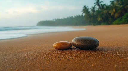 Obraz premium Peaceful stones on beach at sunrise, waves in background, tropical location