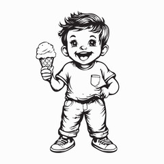 Happy Child Enjoying Ice Cream While Holding It in Hand Vector Illustration