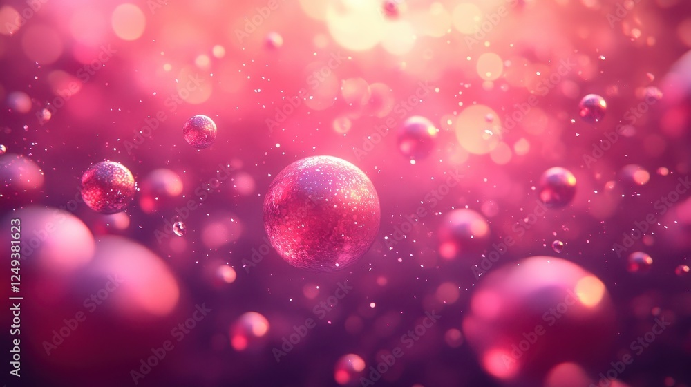 Poster pink glittering spheres float; bokeh background; abstract art; design element