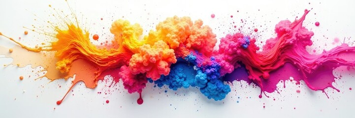 Multi colored ink splash with neon effect on white canvas, paint, colorful