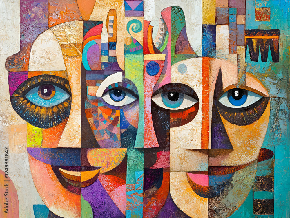Poster cubist faces: a vibrant and intriguing abstract artwork featuring multiple fragmented faces with str