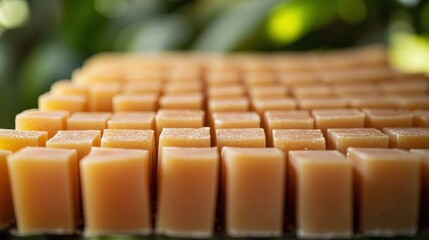 Peach-colored soap cubes, arranged on a tray, lush green foliage in background