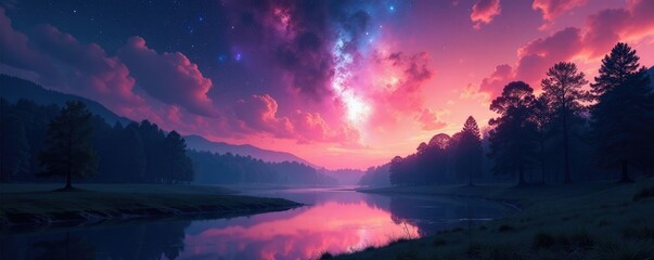 Obraz premium Nebula above a serene forest with a river in the foreground, stunning, nebula