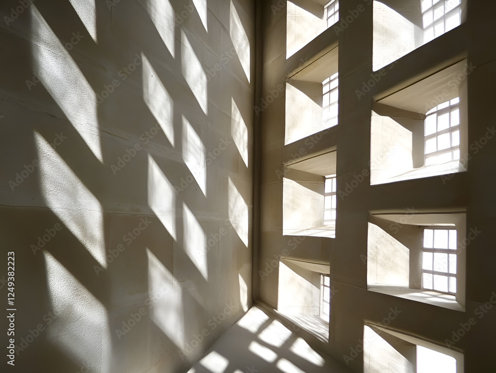 Poster architectural light play: intricate patterns of light and shadow dance across a wall, created by a s
