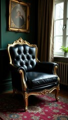 Ornate gold details on a black leather armchair, sophisticated, armchair, leather