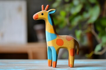 A vibrant giraffe figurine made of wood sits on a wooden table with plants. Generative AI