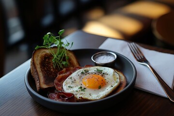Indulge in a savory breakfast featuring a salad with poached egg and avocado on toast, complemented by crispy bacon and a touch of garnish.