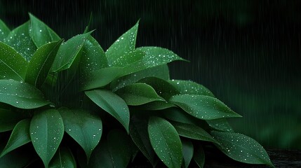 Fototapeta premium Close-up of tropical leaves covered in glistening raindrops, set against a dark, rainy background, evoking a sense of freshness and serenity